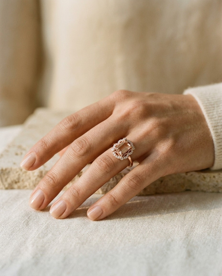 Emerald Cut Morganite Scalloped Framed Ring 14k Rose Gold 0.14ctw | RockHer