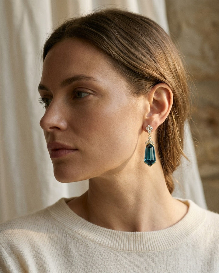 London Blue Topaz and Diamond Shield Drop Earrings in 14k Yellow Gold 0.27ctw – top view | RockHer