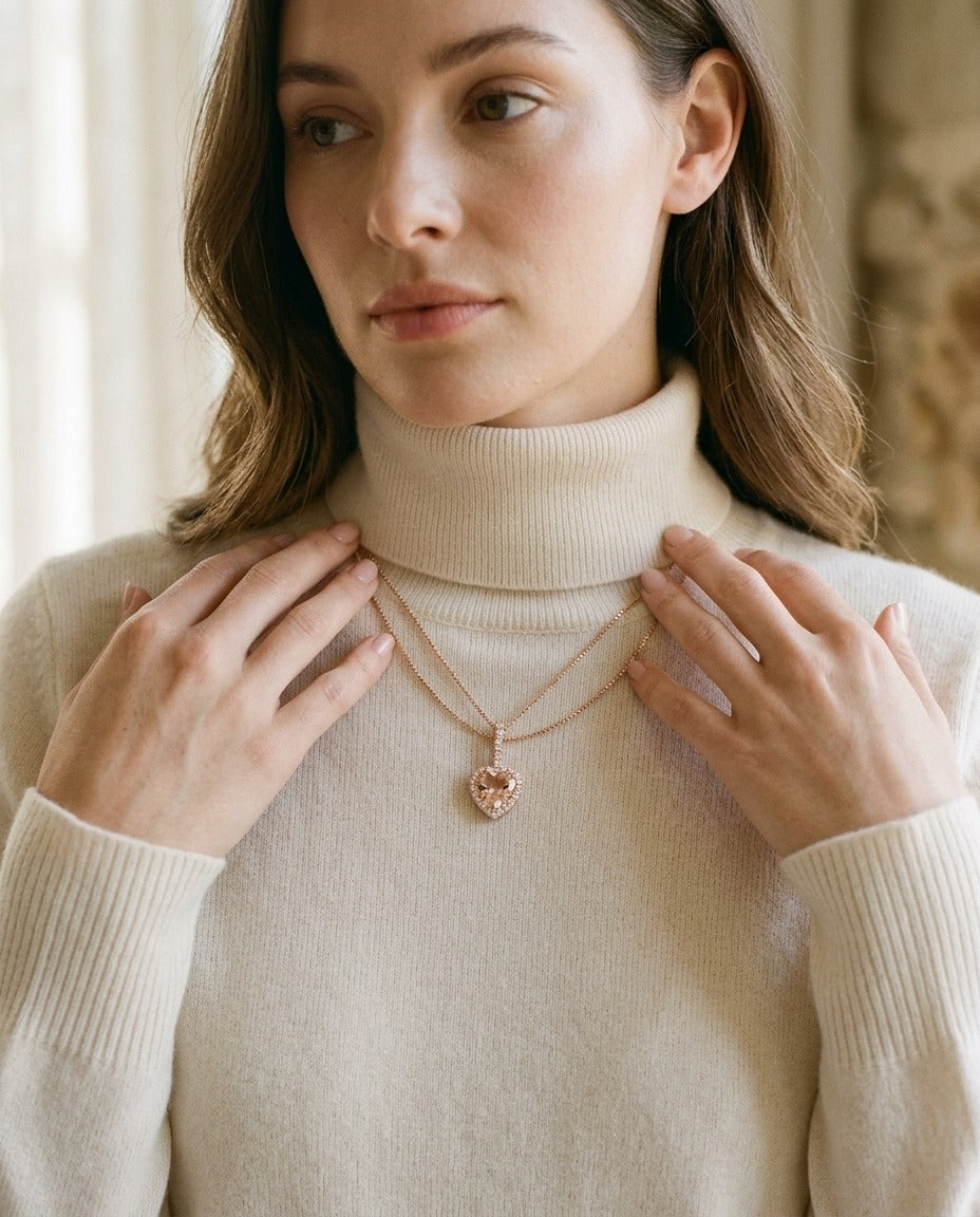 Morganite and Diamond Halo Heart Pendant in 14k Rose Gold 0.24ctw | RockHer