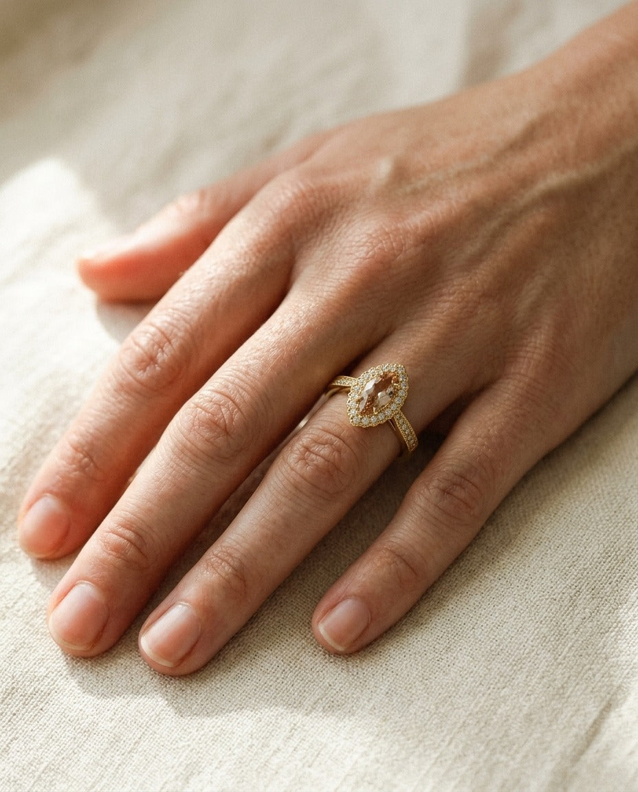 Morganite Marquise Halo Ring 14k Yellow Gold 0.24ctw | RockHer