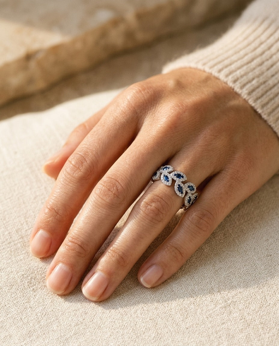 Sapphire And Diamond Floral Leaf Band, in 14K White Gold | RockHer