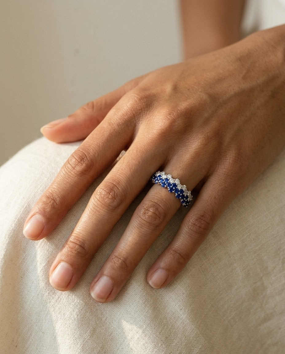 Sapphire And Diamond Layered Scallop Edge Band, in 14K White Gold | RockHer
