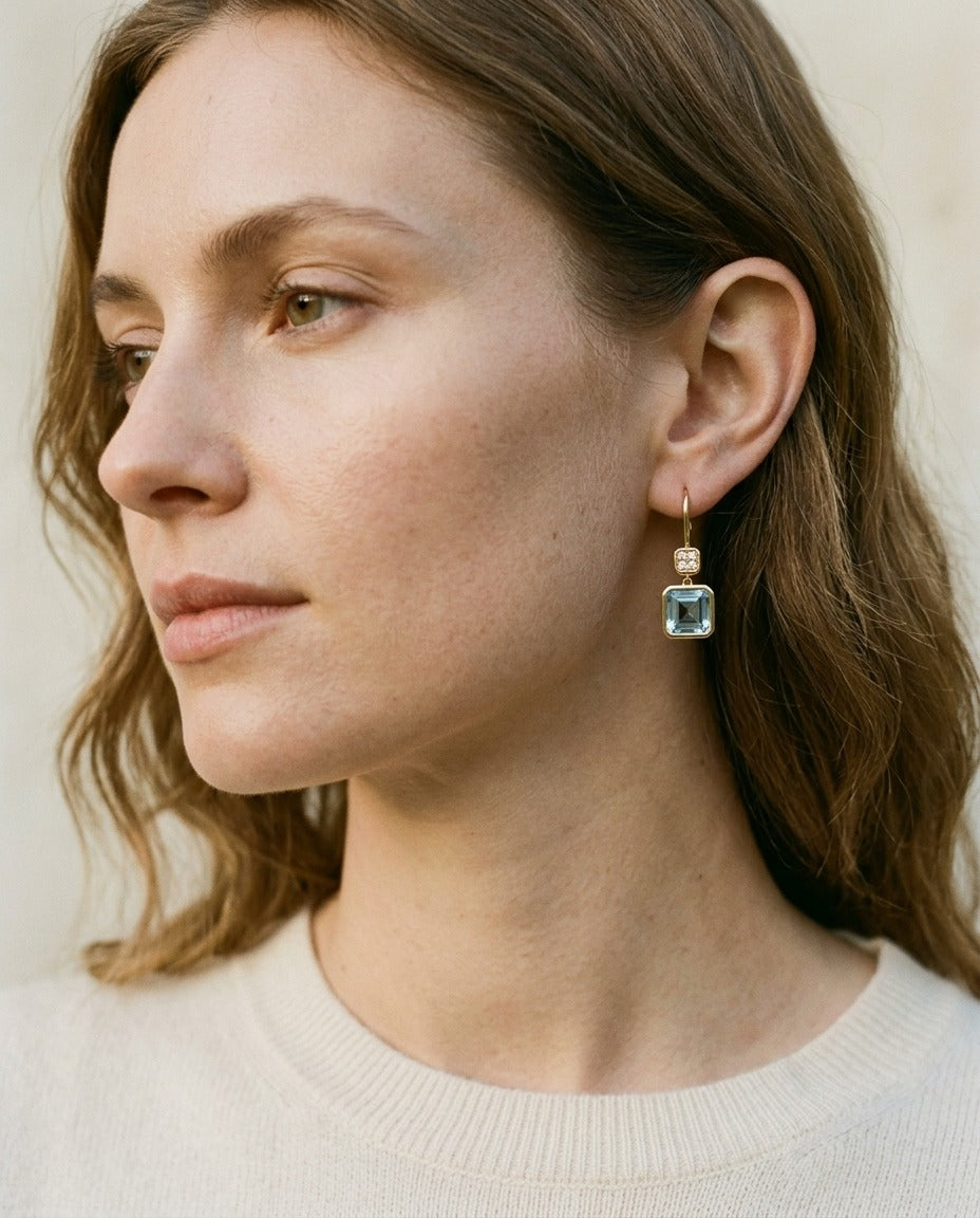 Swiss Blue Topaz Bezel Earrings in 14k Yellow Gold 0.08ctw – top view | RockHer