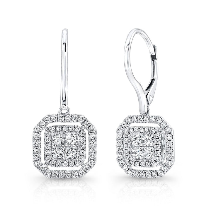 Diamond Invisible-set Princess Cut Halo Dangle Earrings With Pave Octagon Frame And Leverbacks, in 18K White Gold | RockHer