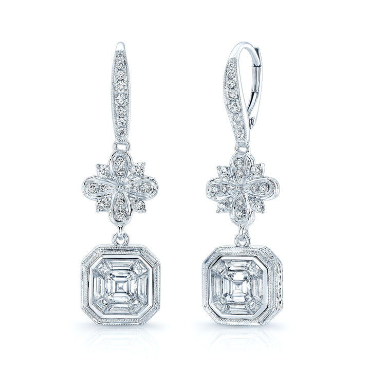 Asscher Cut Diamond Illusion Drop Earrings in 18K White Gold | RockHer