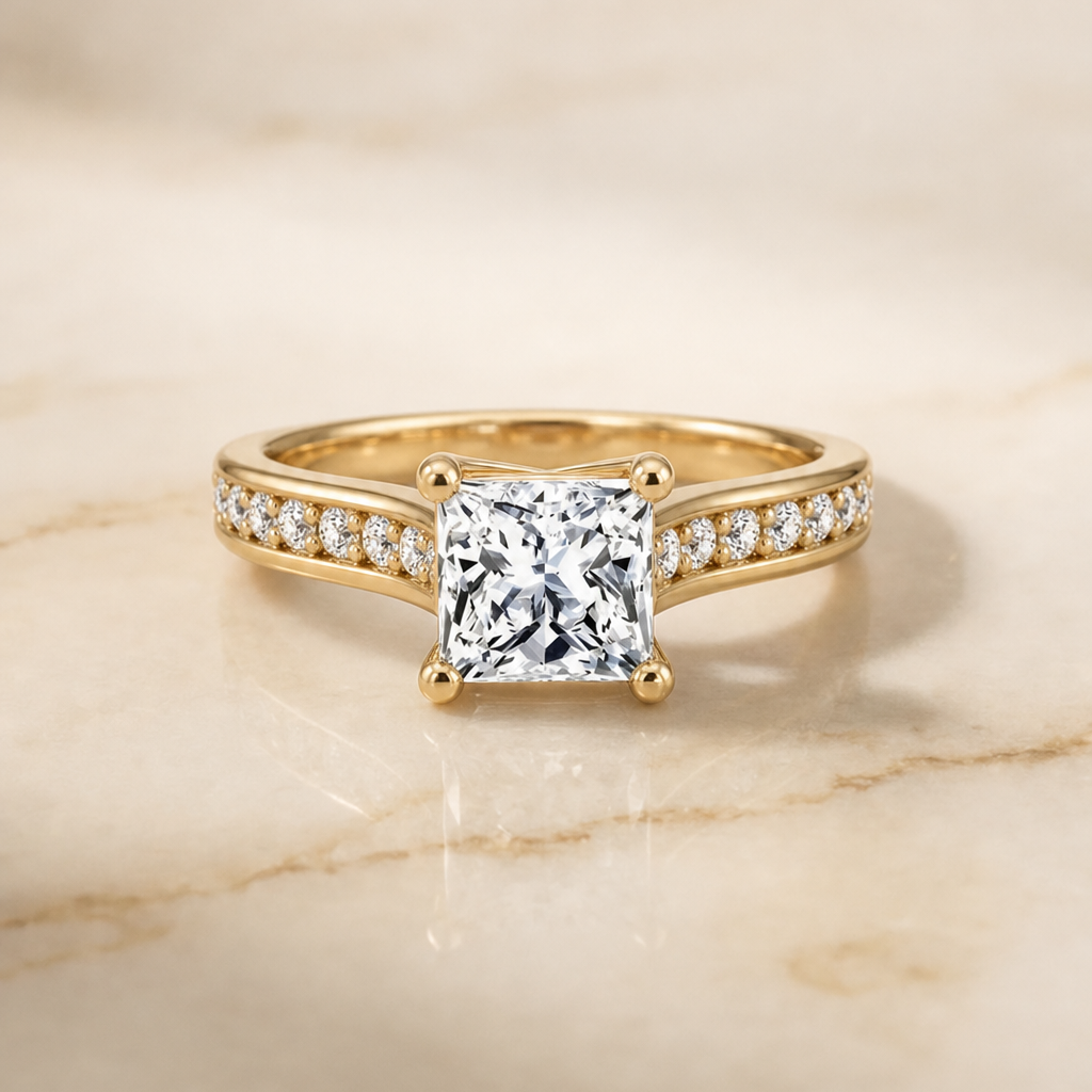 ตัวเรือนแหวนหมั้นเพชร Celesta ทรงปริ๊นเซส ฝังปาเว่ ทองคำเหลือง 18K จาก RockHer