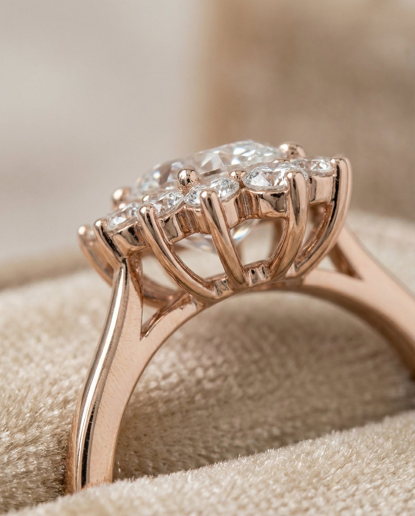 Floral Halo Oval, in 14K Rose Gold, prong setting – detail view | RockHer