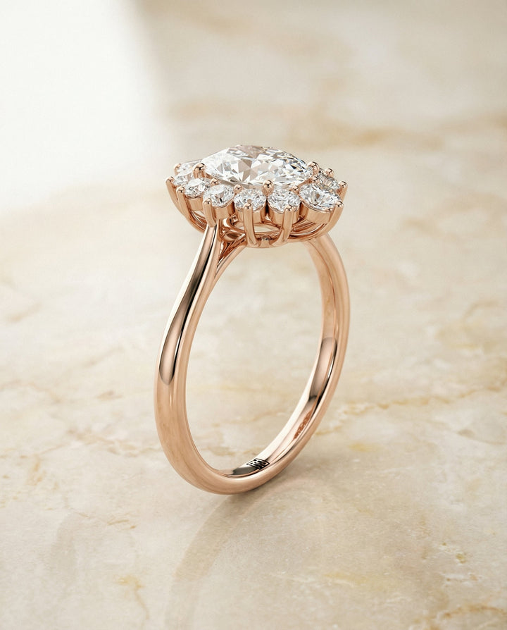 Floral Halo Oval, in 14K Rose Gold, prong setting – front view | RockHer