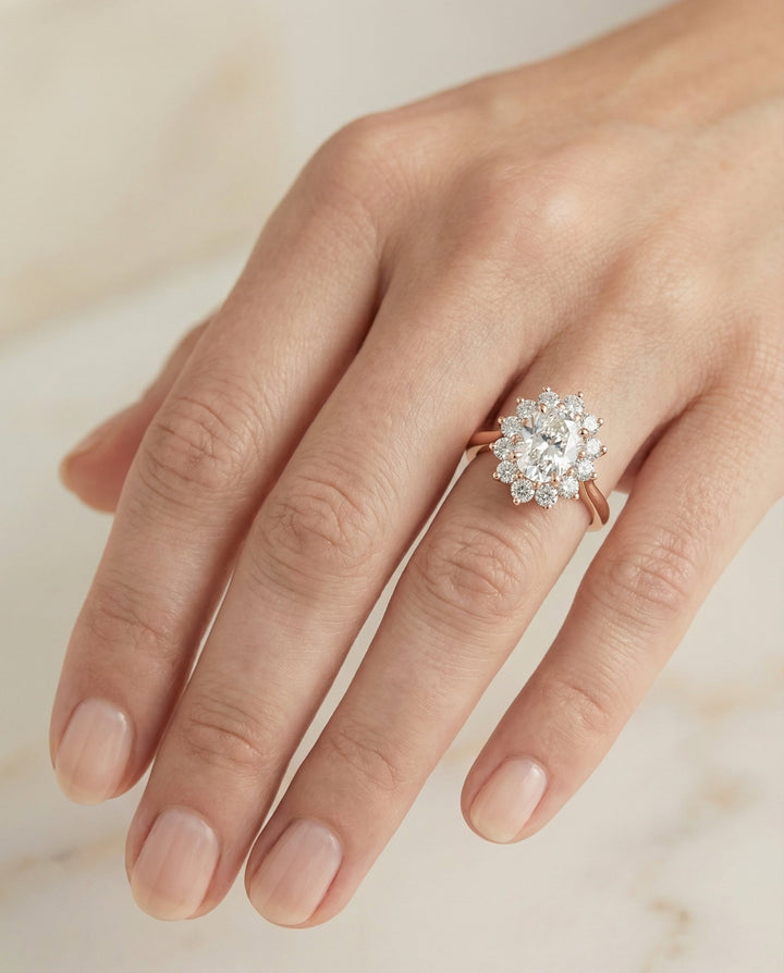 Eloise Select floral halo oval oval ring in 14K Rose Gold — on hand angled — RockHer