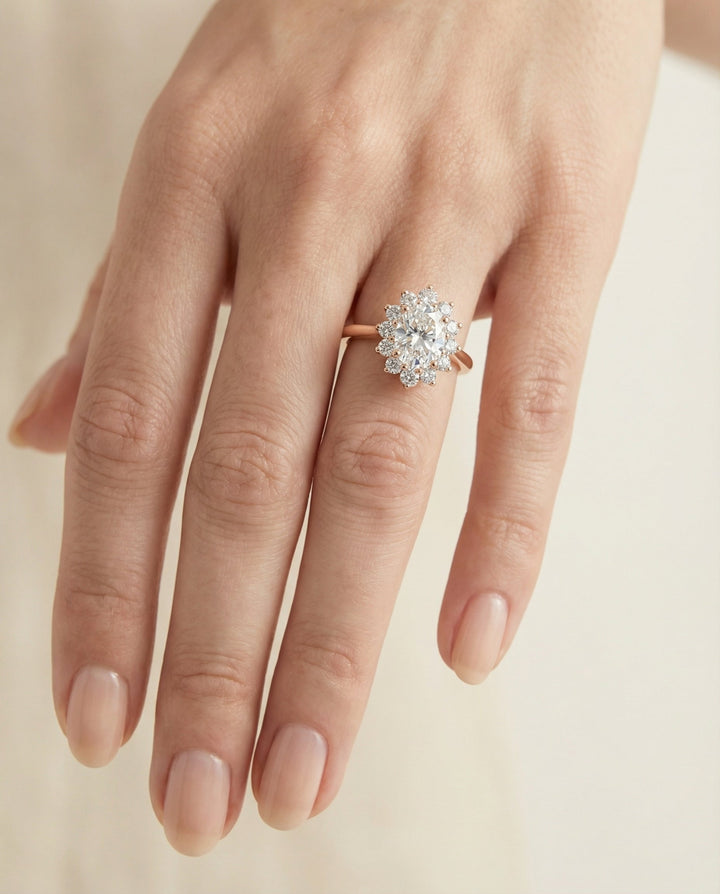 Eloise Select floral halo oval oval ring in 14K Rose Gold — front — RockHer