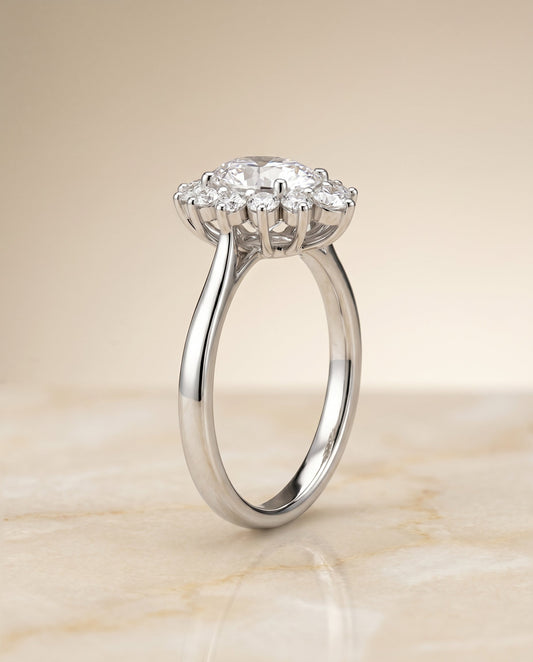 Floral Halo Oval, in Platinum – angled view | RockHer