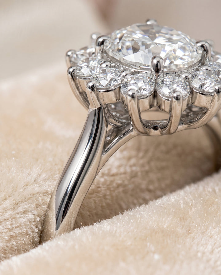Eloise floral halo engagement ring in platinum with oval lab diamond — RockHer