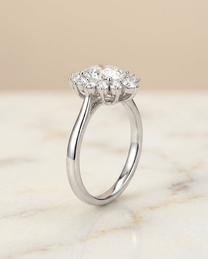 Eloise floral halo engagement ring in 18K white gold with oval lab diamond — RockHer