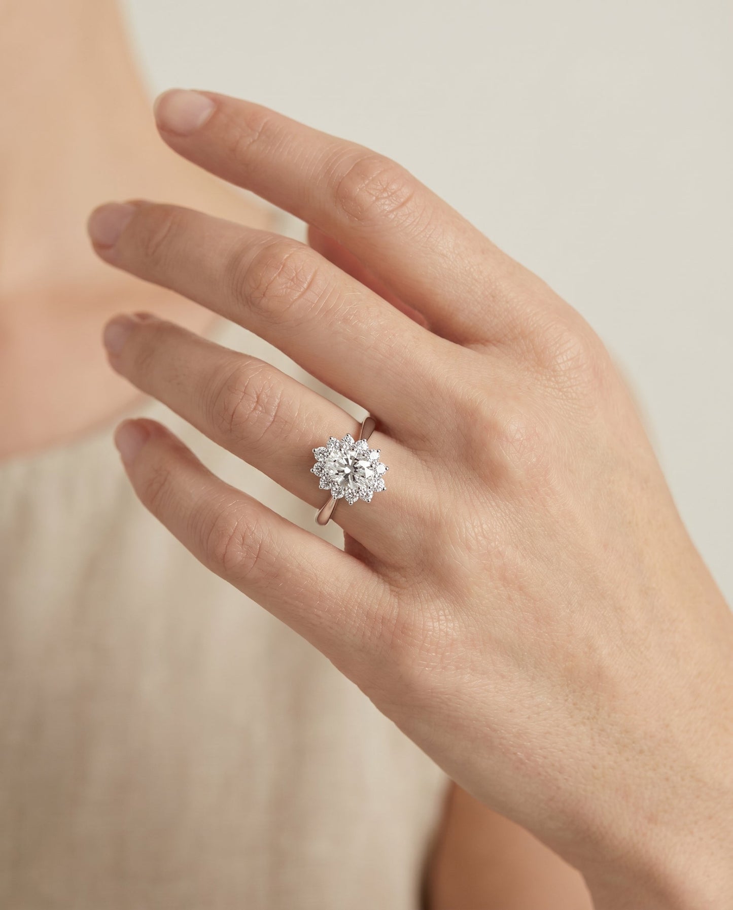 Eloise floral halo engagement ring in 18K white gold with oval lab diamond — RockHer