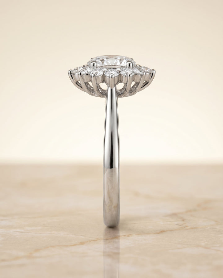 Eloise floral halo engagement ring in platinum with oval lab diamond — RockHer