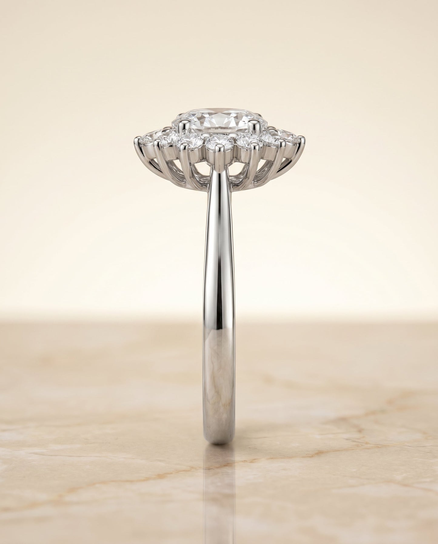 Floral Halo Oval, in Platinum – side profile | RockHer