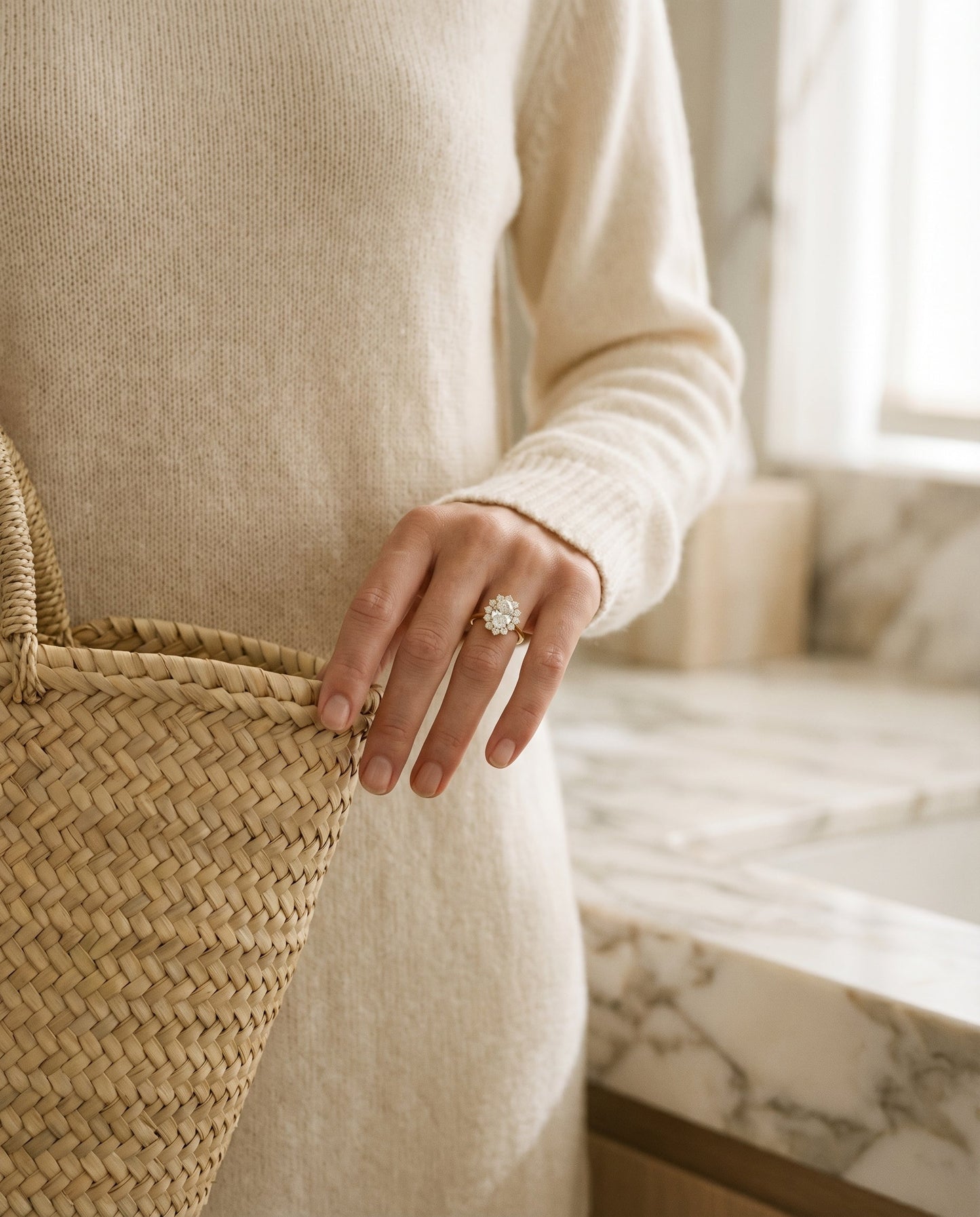 Floral Halo Oval, in 18K Yellow Gold – lifestyle shot | RockHer