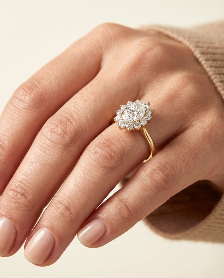 Floral Halo Oval, in 18K Yellow Gold – lifestyle shot | RockHer