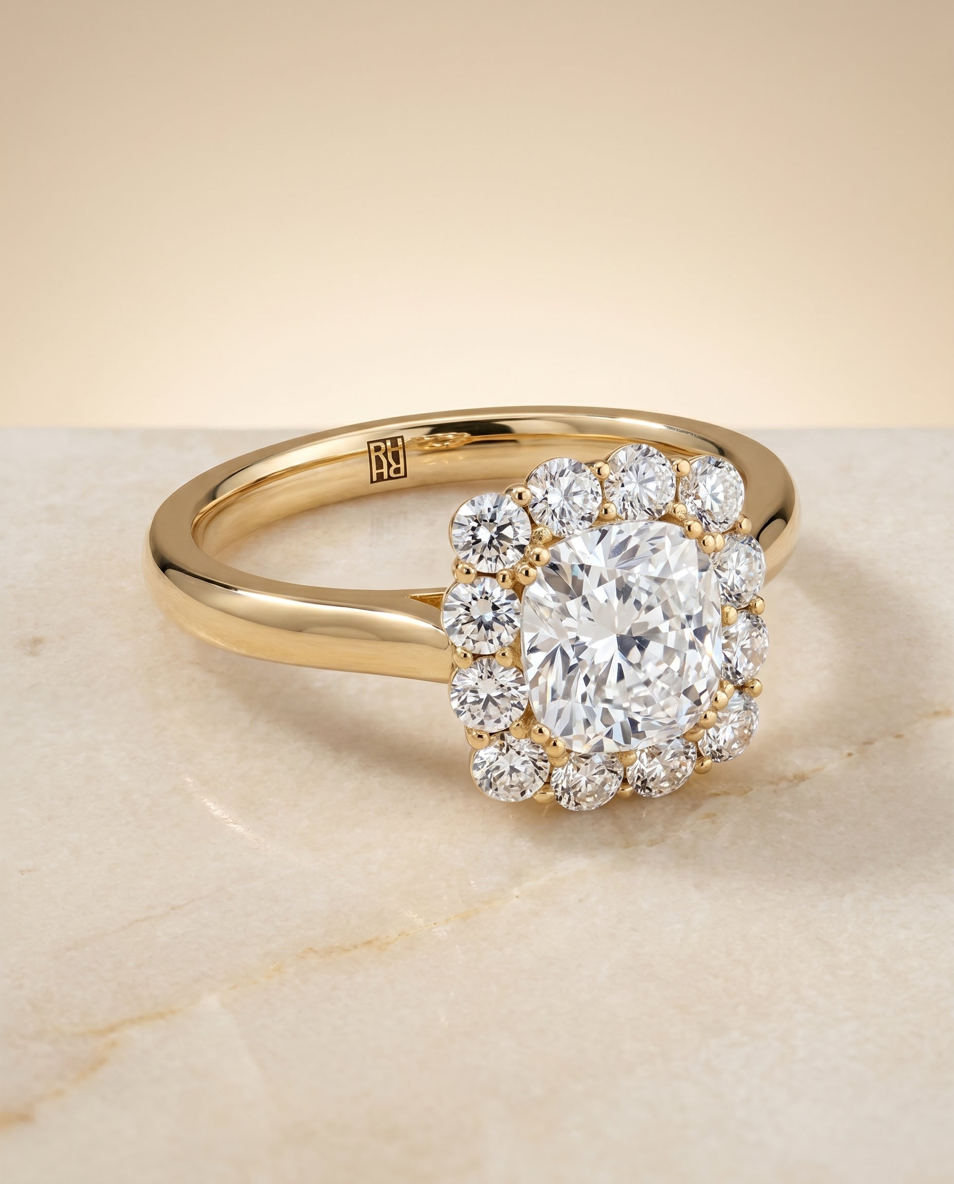 Floral Prong Halo Cushion, in 18K Yellow Gold – angled view | RockHer
