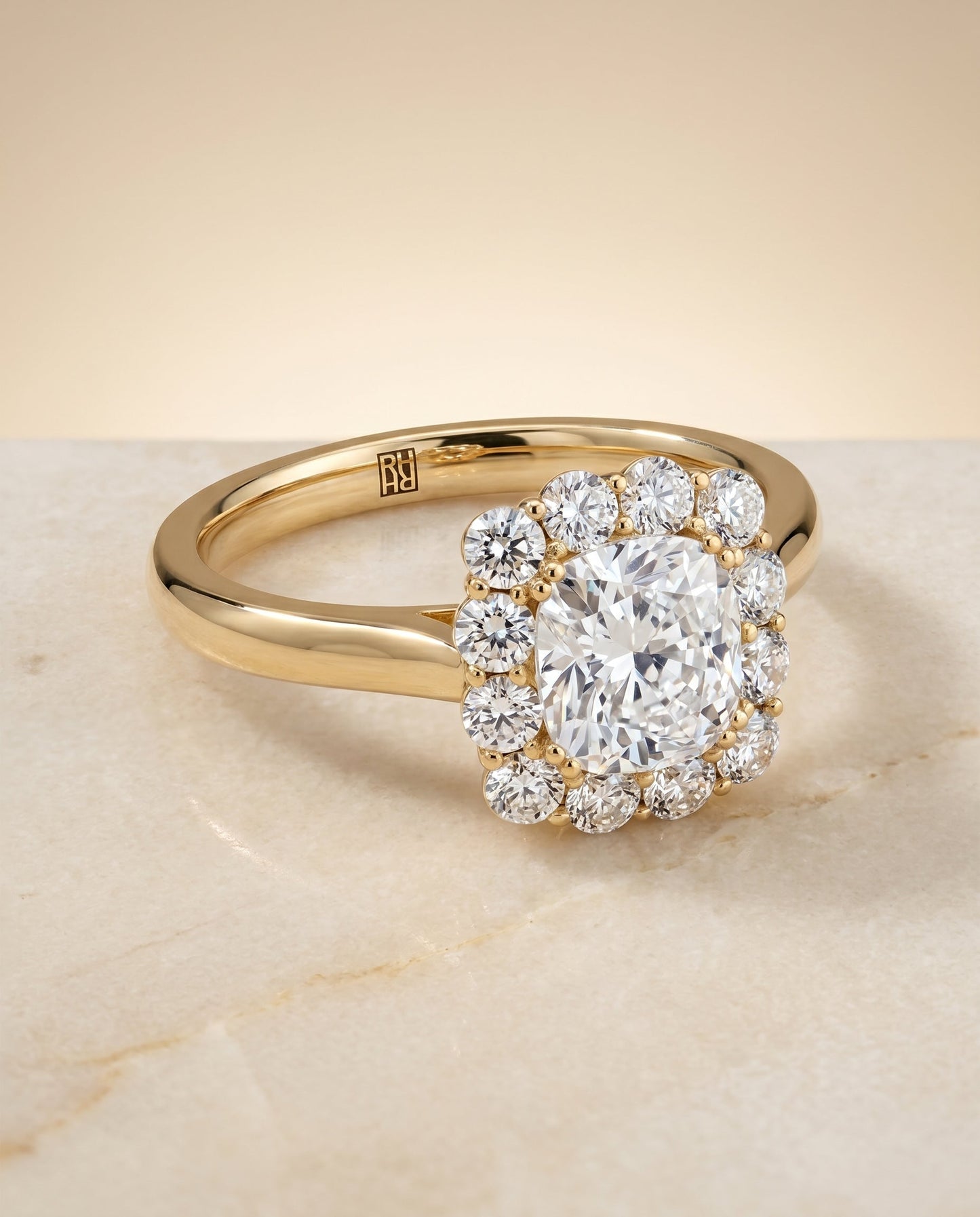 Floral Prong Halo Cushion, in 18K Yellow Gold – angled view | RockHer