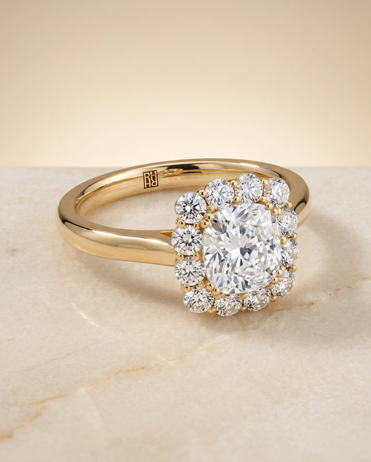 Floral Prong Halo Cushion, in 18K Yellow Gold – angled view | RockHer