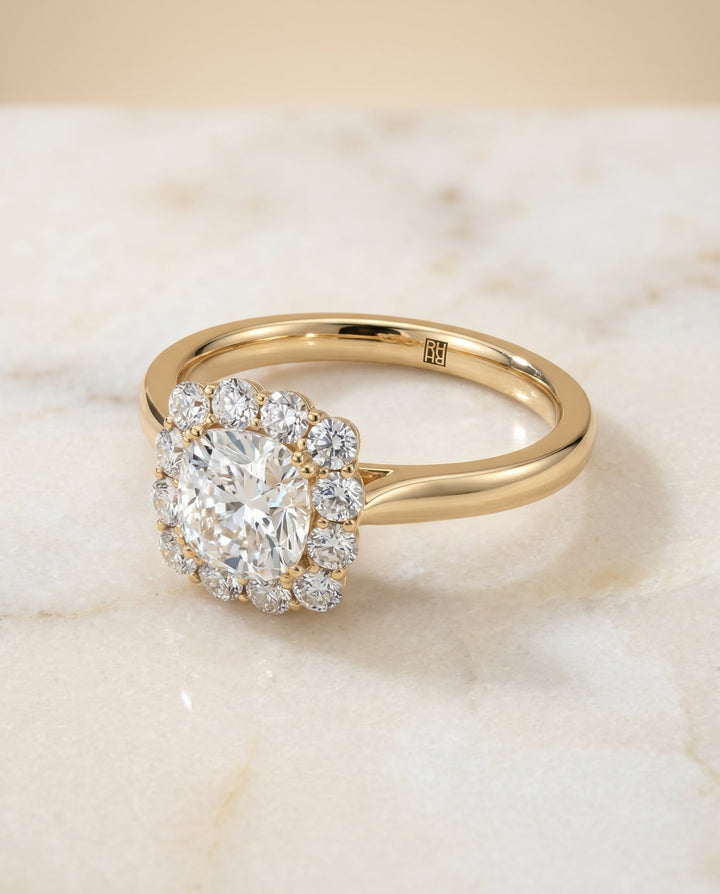Floral Prong Halo Cushion, in 18K Yellow Gold – angled view | RockHer