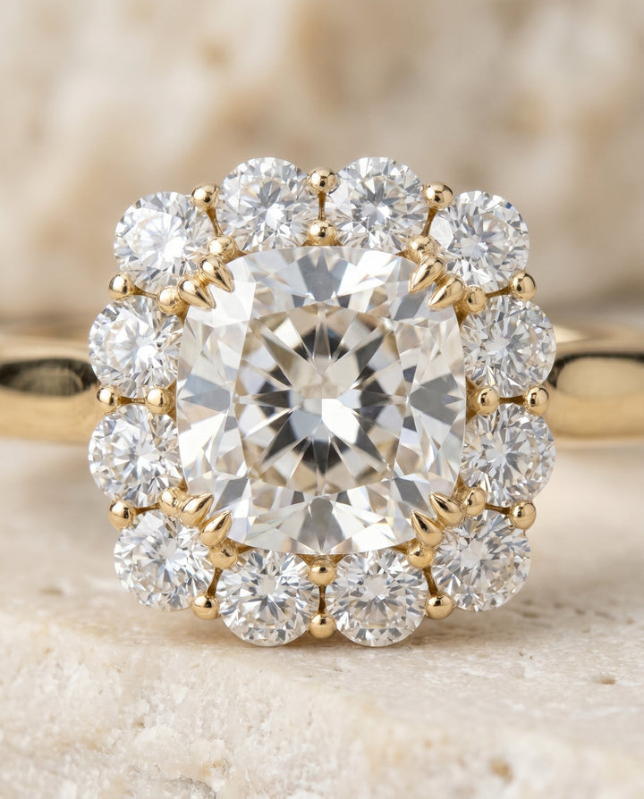 Floral Prong Halo Cushion, in 18K Yellow Gold – detail view | RockHer