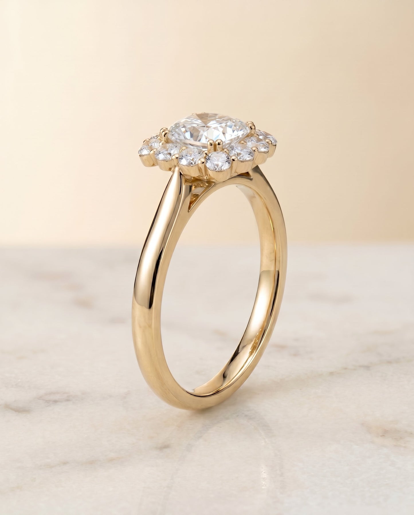 Floral Prong Halo Cushion, in 18K Yellow Gold – front view | RockHer