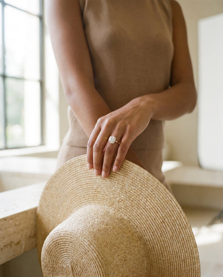 Floral Prong Halo Cushion, in 18K Yellow Gold – lifestyle shot | RockHer