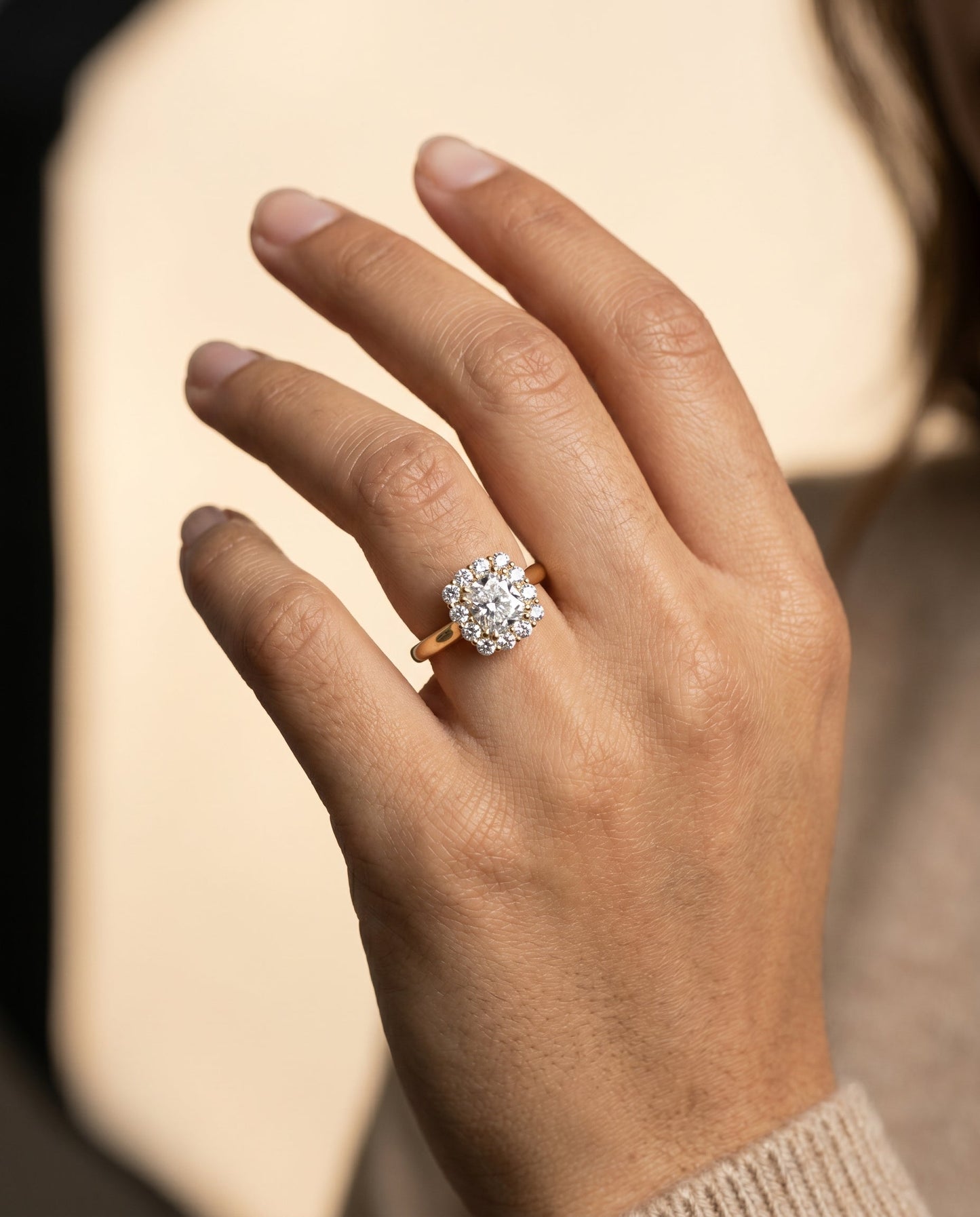 Floral Prong Halo Cushion, in 18K Yellow Gold – lifestyle shot | RockHer