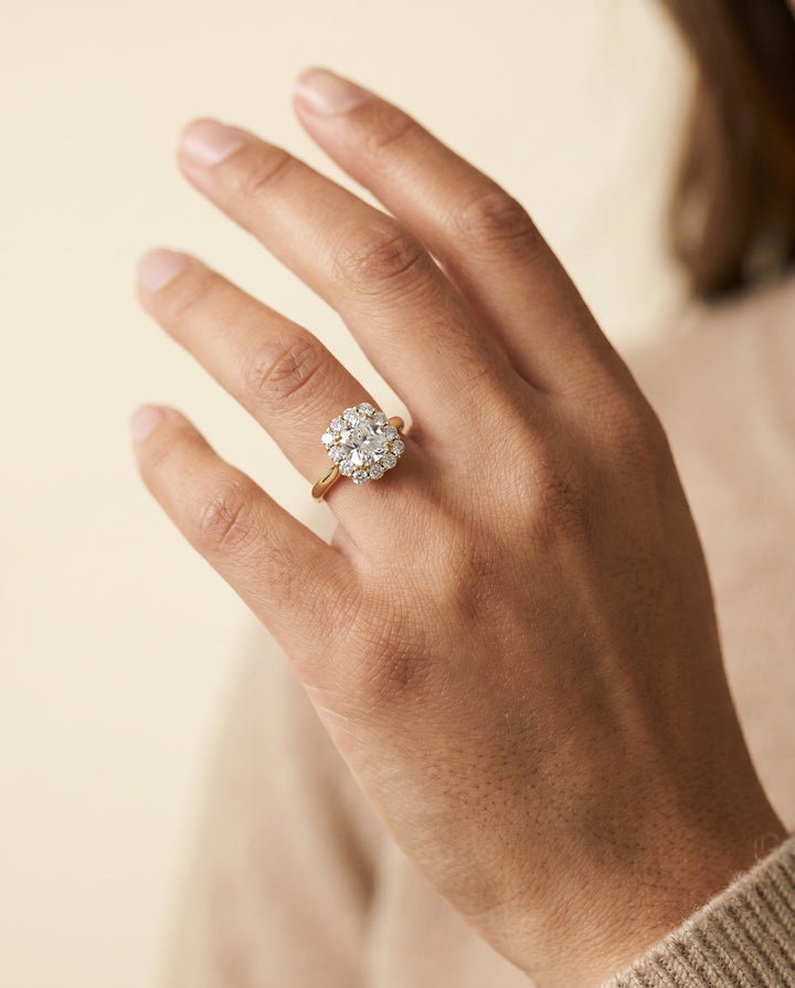 Floral Prong Halo Cushion, in 18K Yellow Gold – lifestyle shot | RockHer