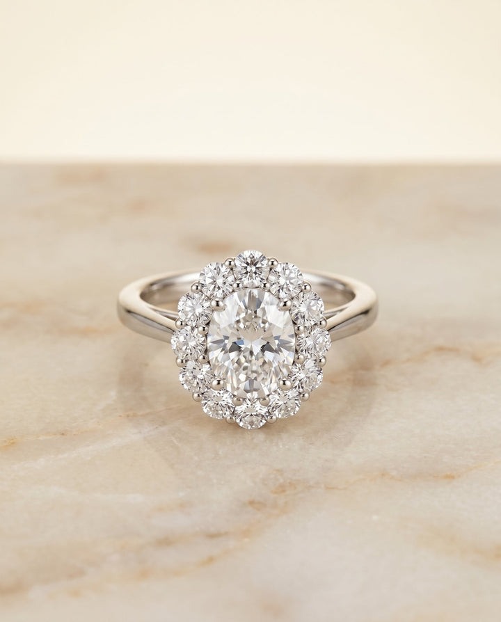 Faith floral prong halo engagement ring in 18K white gold with oval lab diamond — RockHer