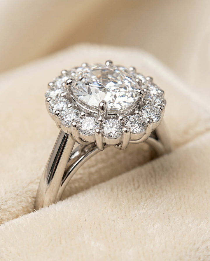 Faith floral prong halo engagement ring in platinum with oval lab diamond — RockHer