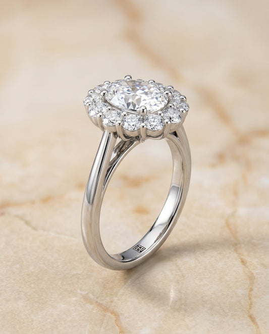 Faith floral prong halo engagement ring in platinum with oval lab diamond — RockHer