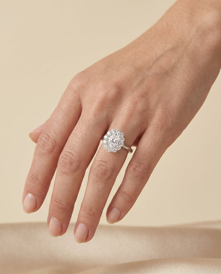 Floral Prong Halo Oval, in Platinum – lifestyle shot | RockHer