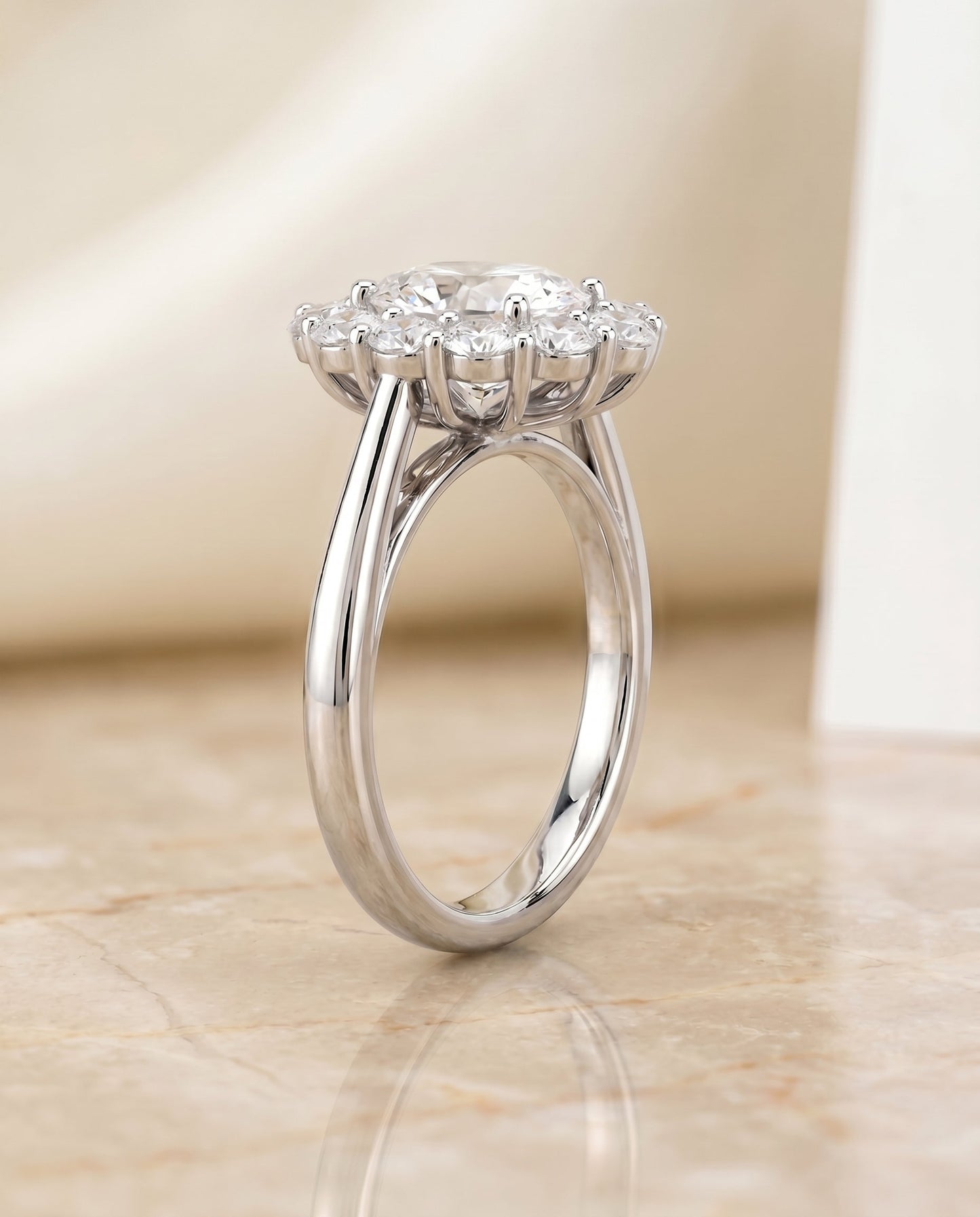Floral Prong Halo Oval, in Platinum – side profile | RockHer