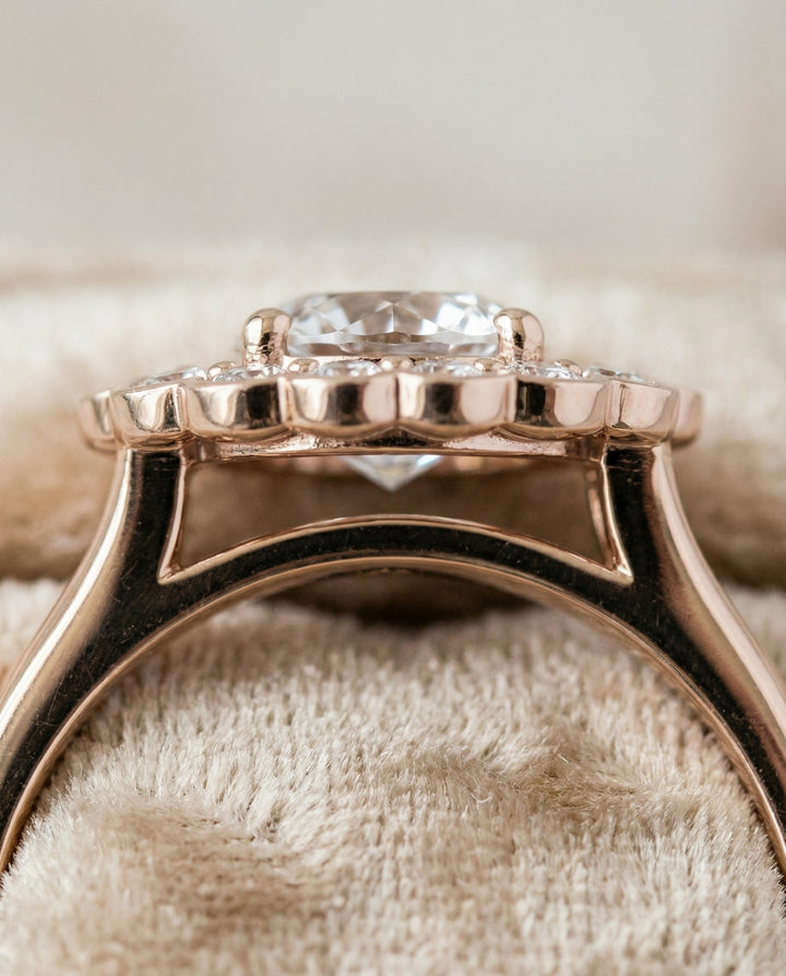 Round Brilliant, Floral Split Shank Halo, in 14K Rose Gold, prong setting – detail view | RockHer