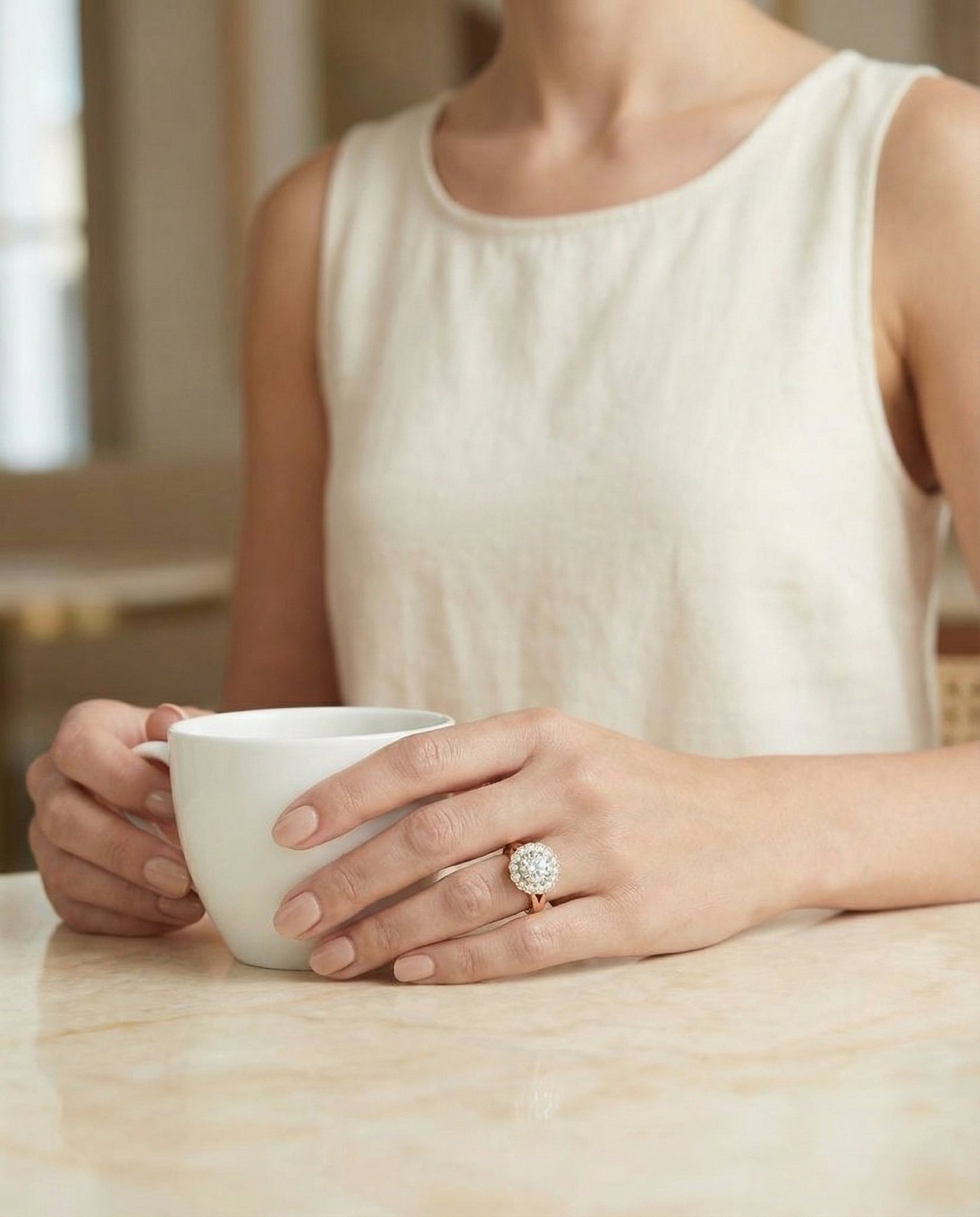 Round Brilliant, Floral Split Shank Halo, in 14K Rose Gold, prong setting – lifestyle shot | RockHer
