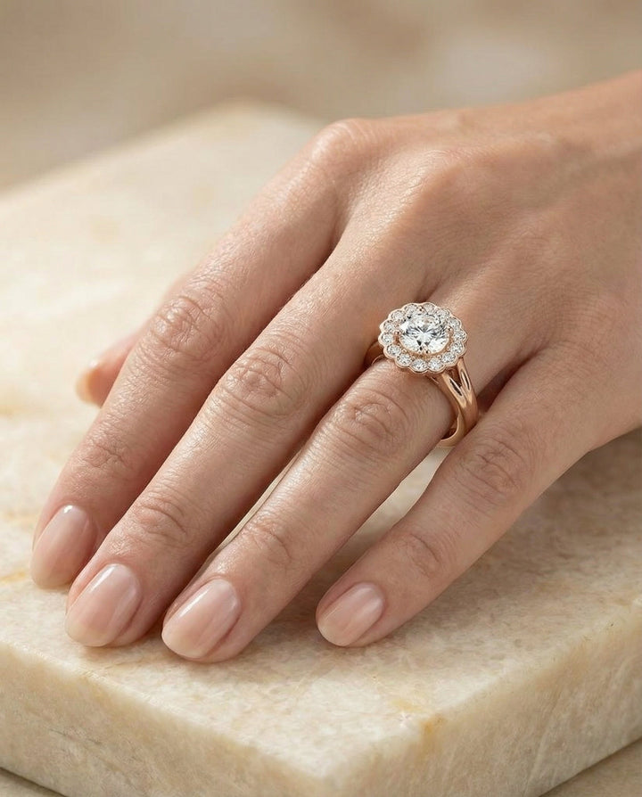 Round Brilliant, Floral Split Shank Halo, in 14K Rose Gold, prong setting – lifestyle shot | RockHer