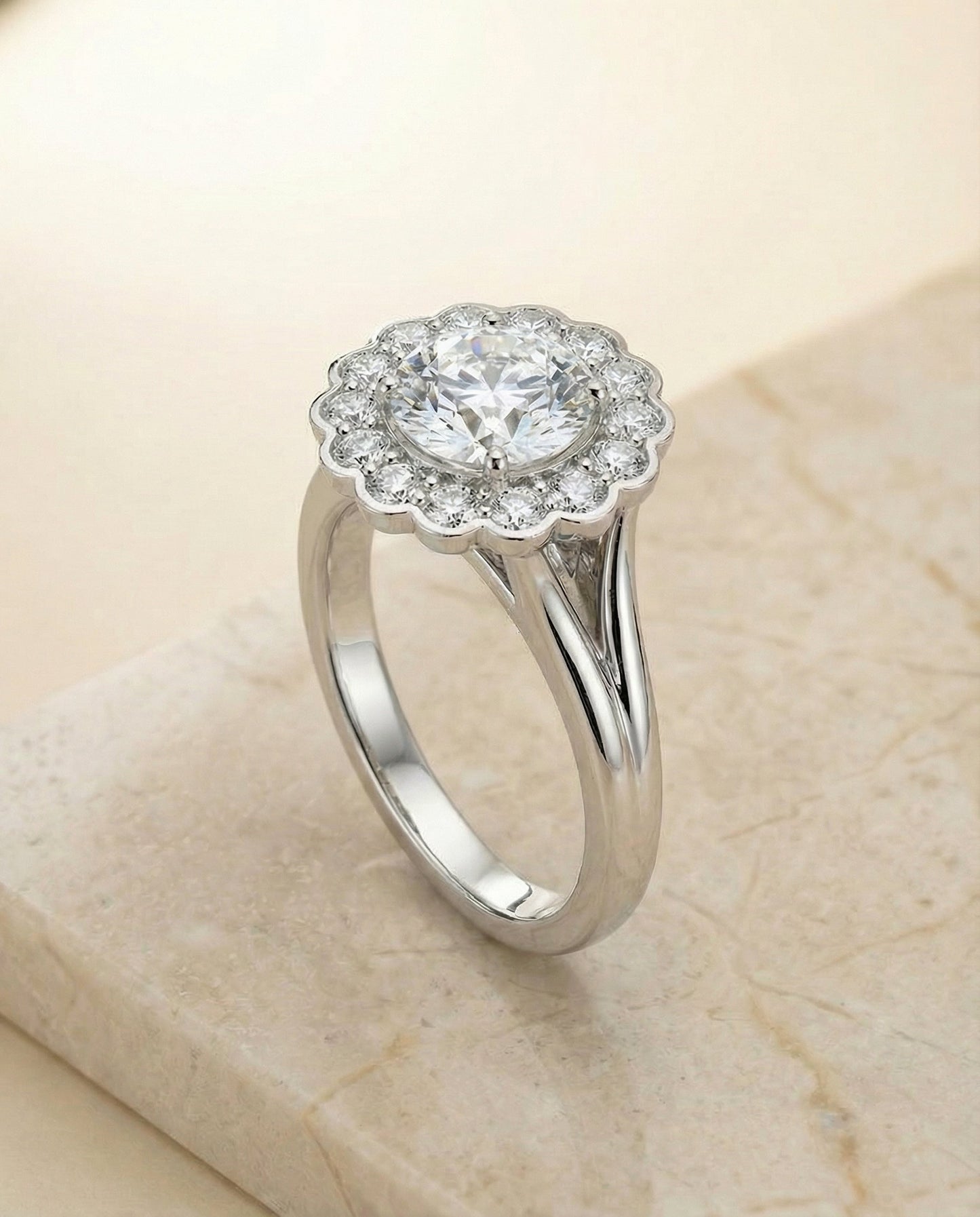 Round Brilliant, Floral Split Shank Halo, in Platinum, prong setting – angled view | RockHer