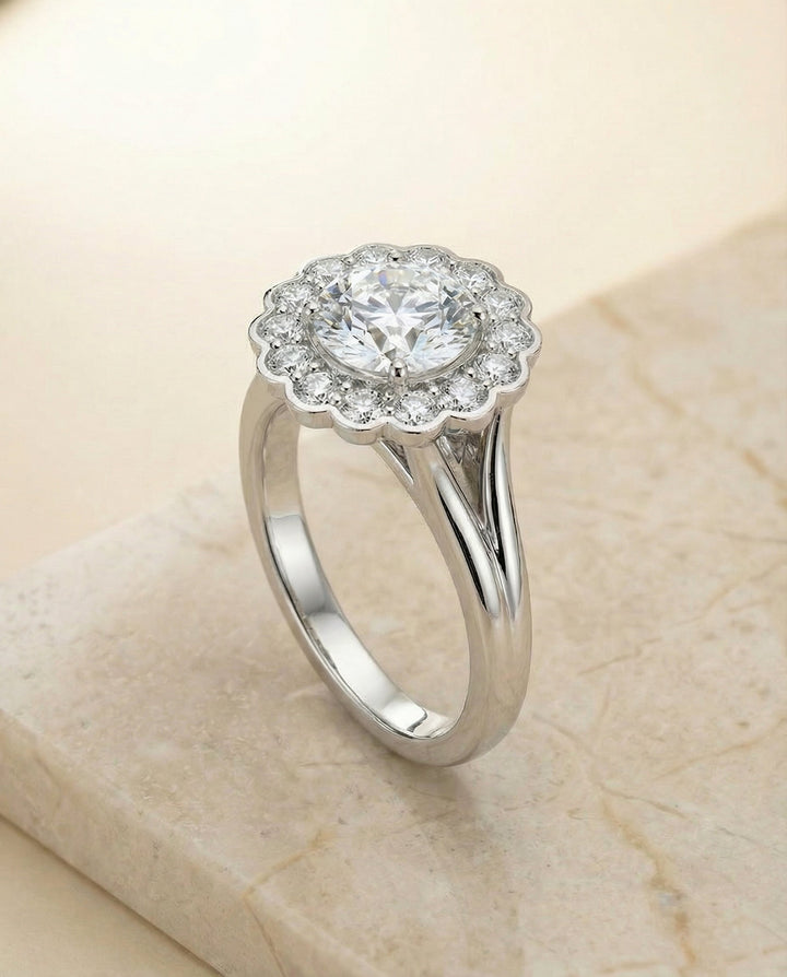 Round Brilliant, Floral Split Shank Halo, in Platinum, prong setting – angled view | RockHer