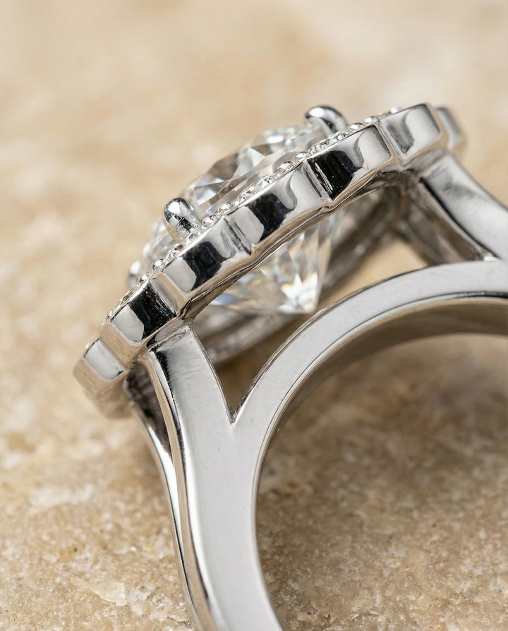 Round Brilliant, Floral Split Shank Halo, in 18K White Gold, prong setting – detail view | RockHer
