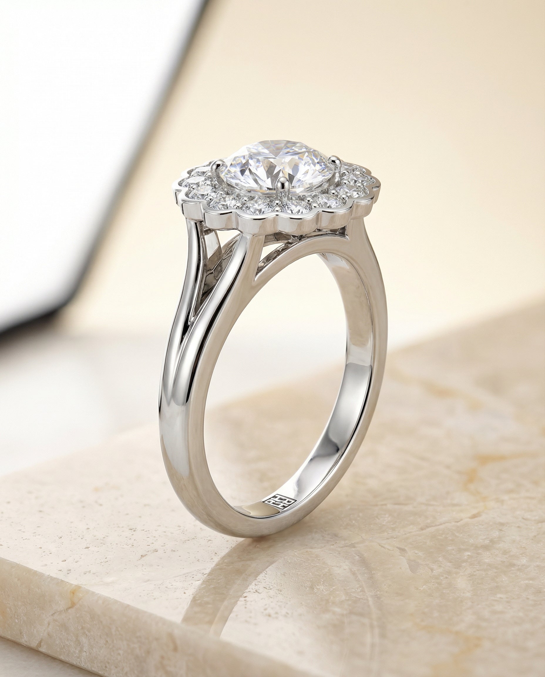 Round Brilliant, Floral Split Shank Halo, in Platinum, prong setting – front view | RockHer