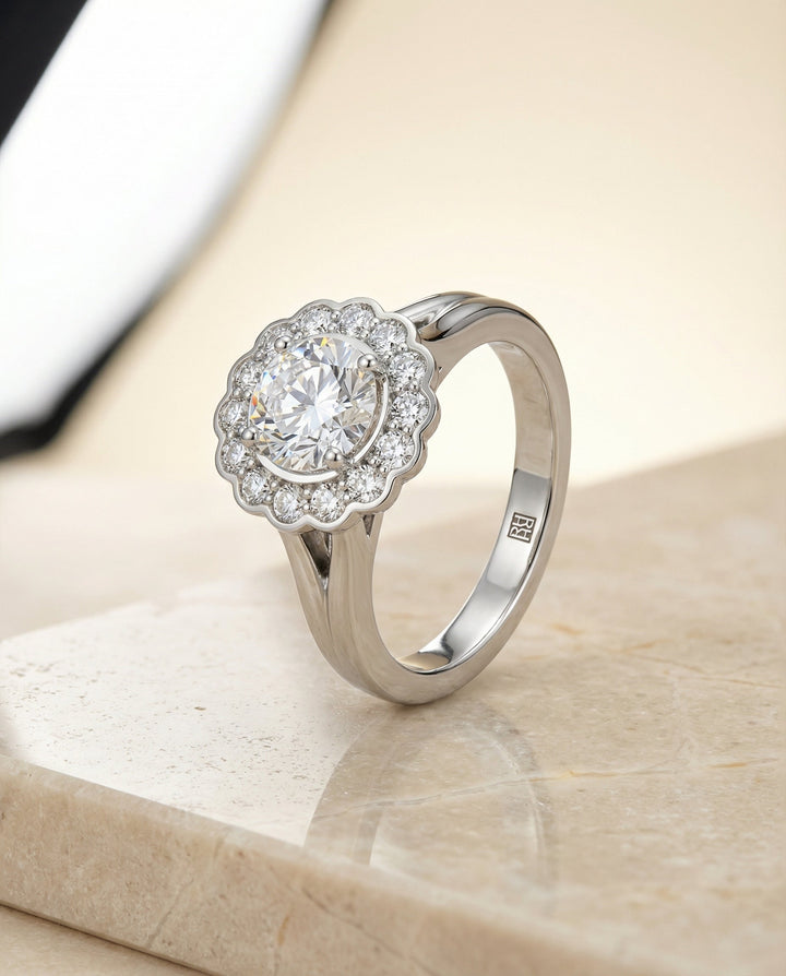 Round Brilliant, Floral Split Shank Halo, in Platinum, prong setting – front view | RockHer