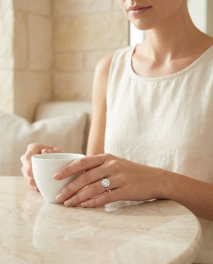 Round Brilliant, Floral Split Shank Halo, in 18K White Gold, prong setting – lifestyle shot | RockHer