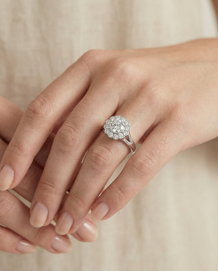 Round Brilliant, Floral Split Shank Halo, in 18K White Gold, prong setting – lifestyle shot | RockHer