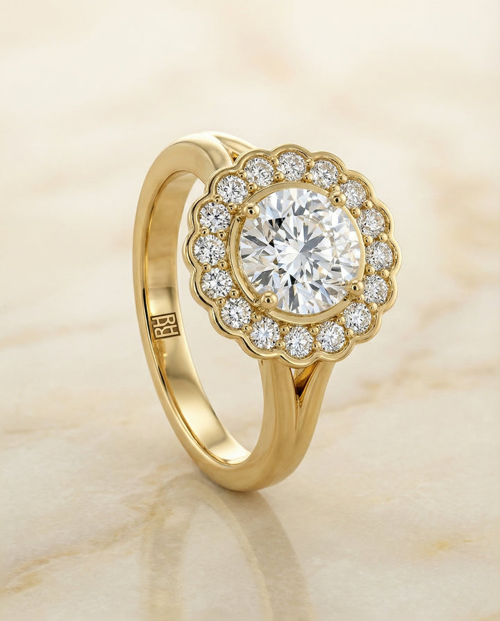 Round Brilliant, Floral Split Shank Halo, in 18K Yellow Gold, prong setting – angled view | RockHer