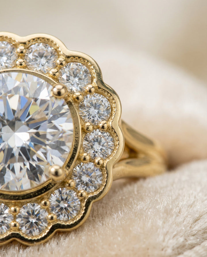 Round Brilliant, Floral Split Shank Halo, in 18K Yellow Gold, prong setting – detail view | RockHer