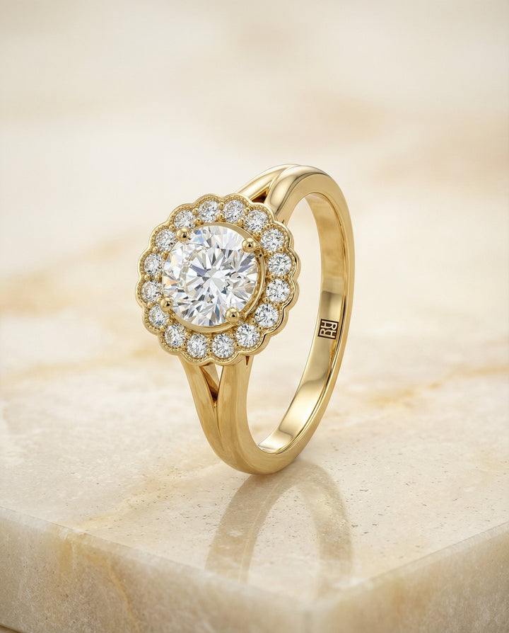 Round Brilliant, Floral Split Shank Halo, in 18K Yellow Gold, prong setting – front view | RockHer