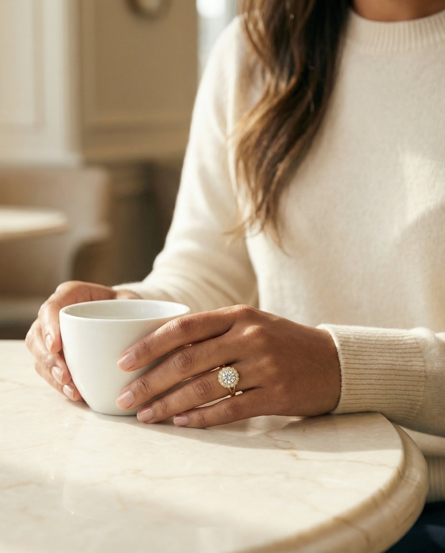 Round Brilliant, Floral Split Shank Halo, in 18K Yellow Gold, prong setting – lifestyle shot | RockHer